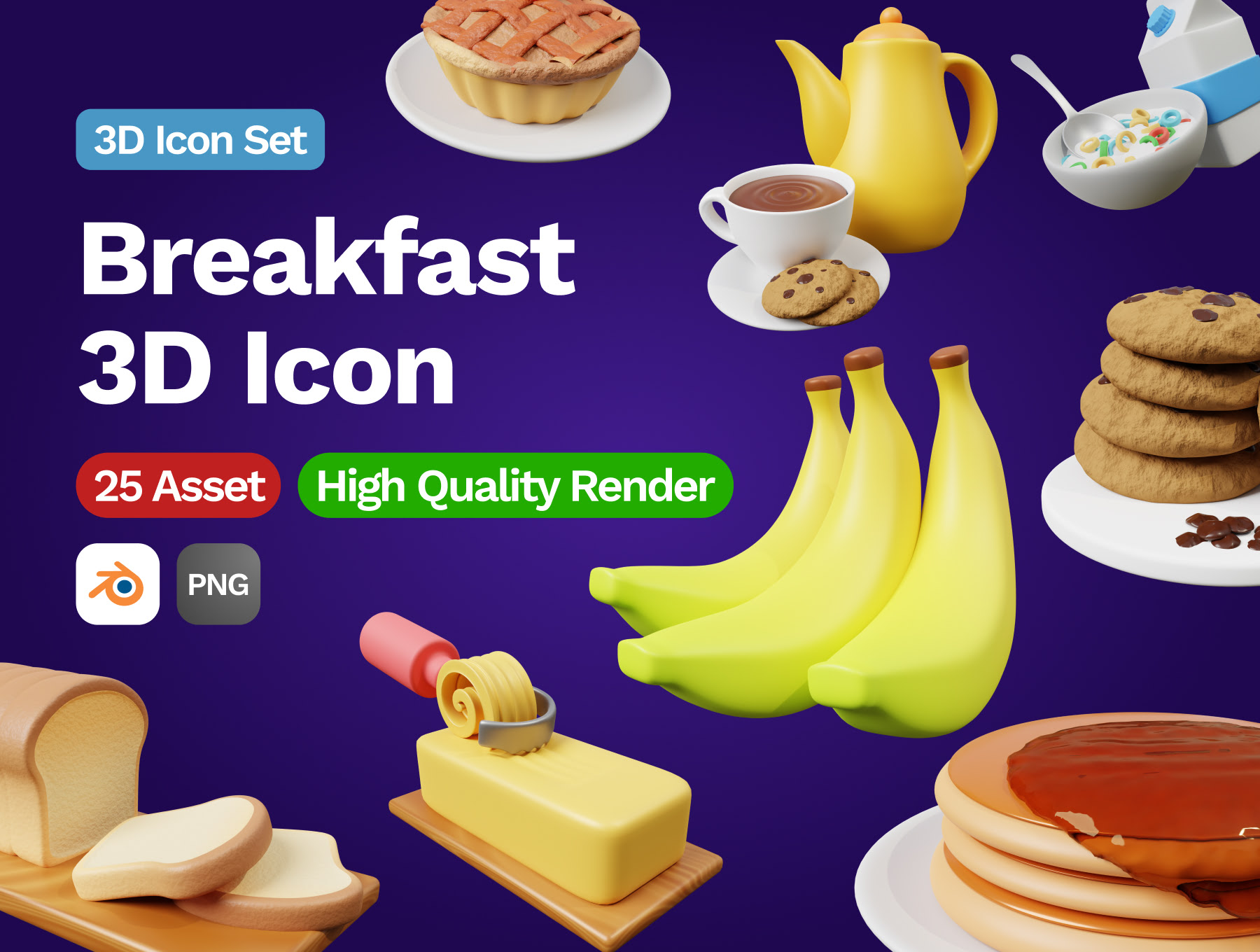 3D早餐图标 3D Breakfast Icon blender格式-3D/图标-到位啦UI